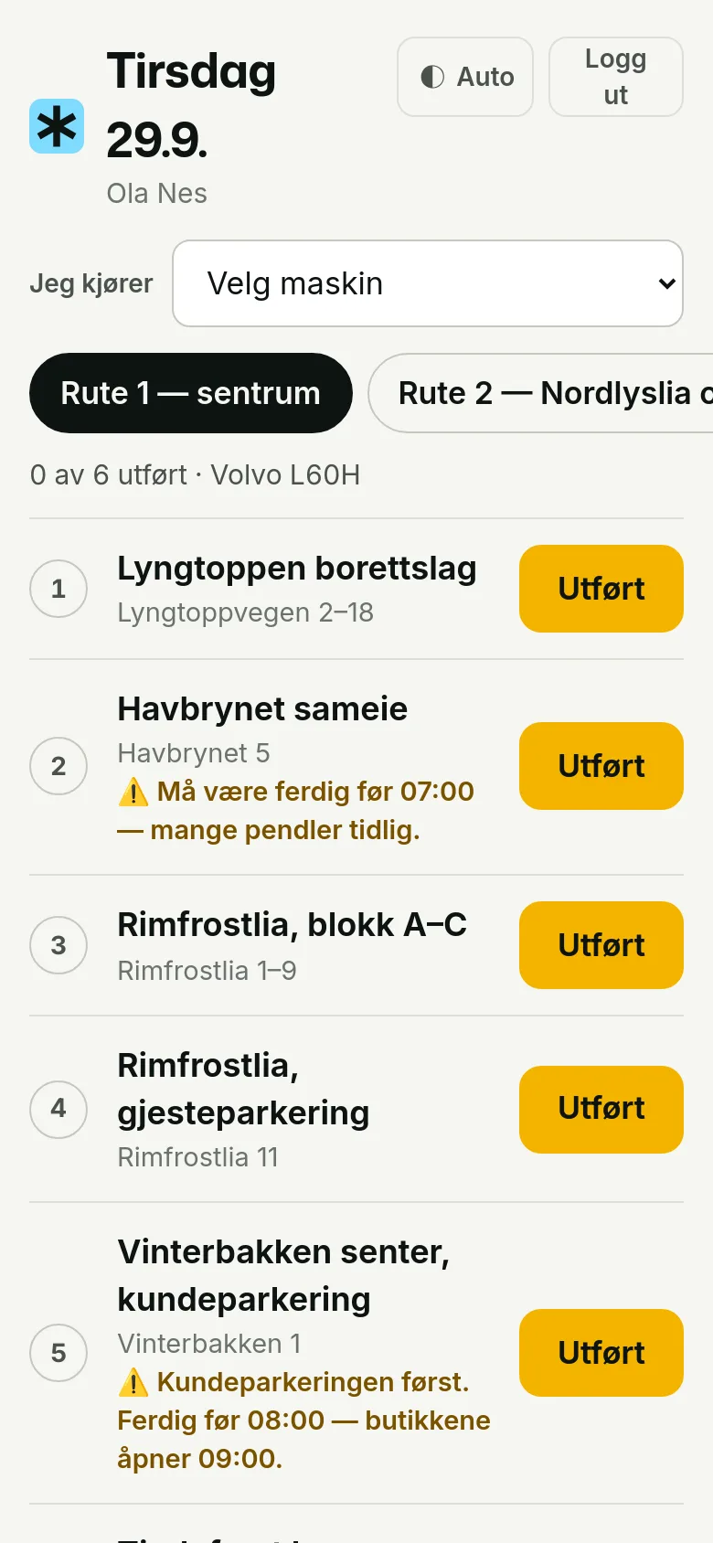 Sjåførsiden på telefon om dagen: dagens arbeidsliste med seks steder, hvert med knappen «Utført».