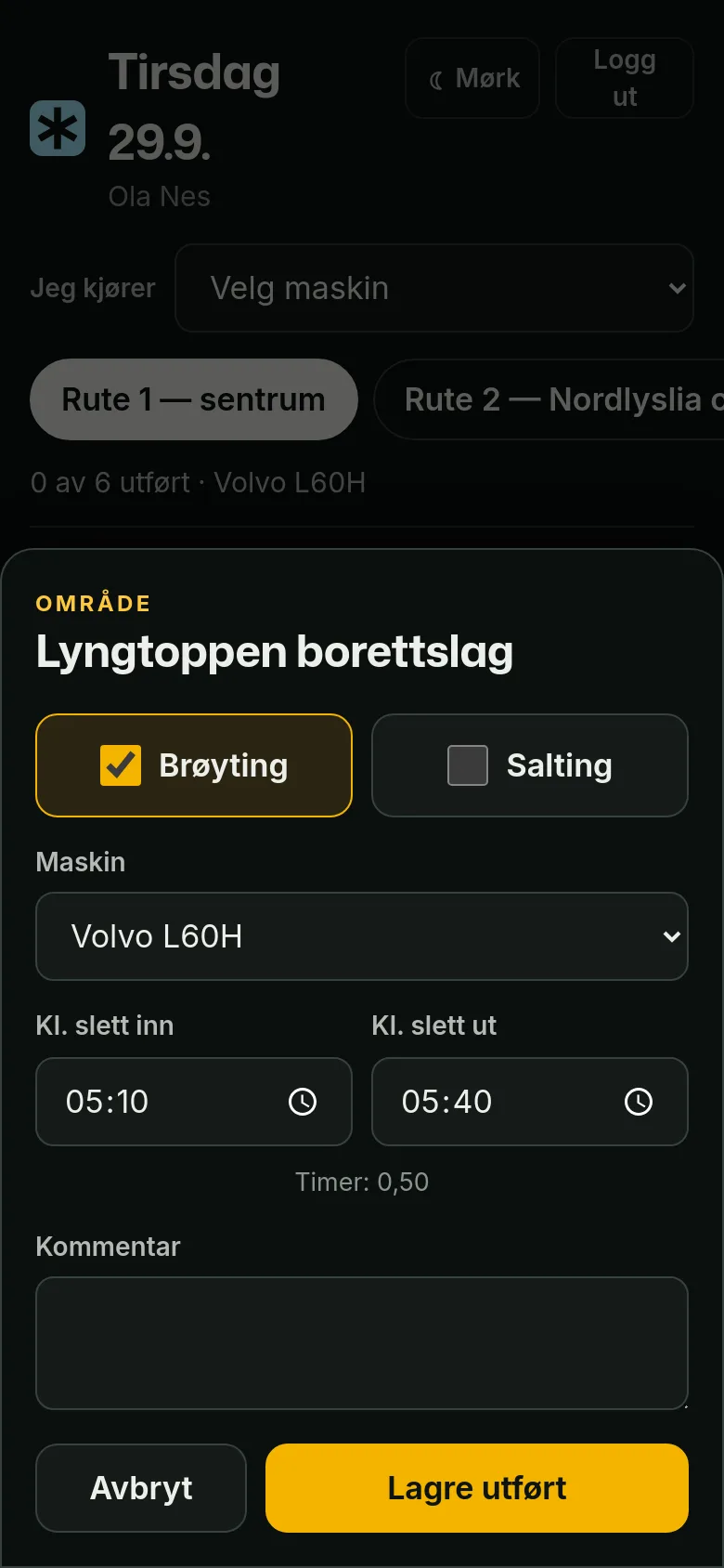 Sjåførsiden om natten: «Utført» for Lyngtoppen borettslag — brøyting med Volvo L60H, 05:10 til 05:40, 0,50 timer.